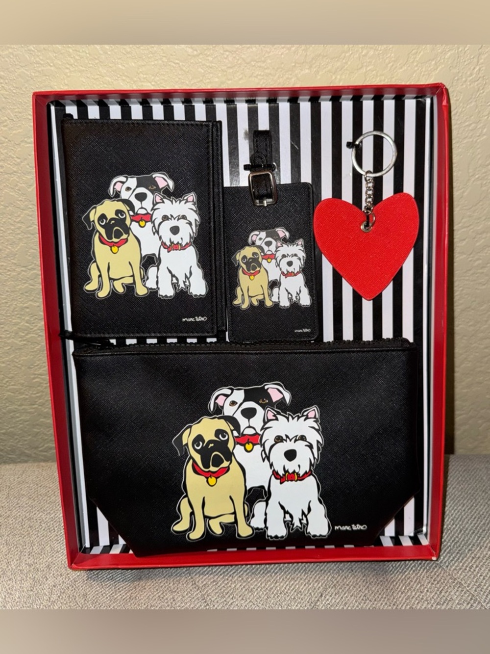 Dog Trio Black Travel Wallet, Luggage Tag & Pouch Set with Red Heart Keychain